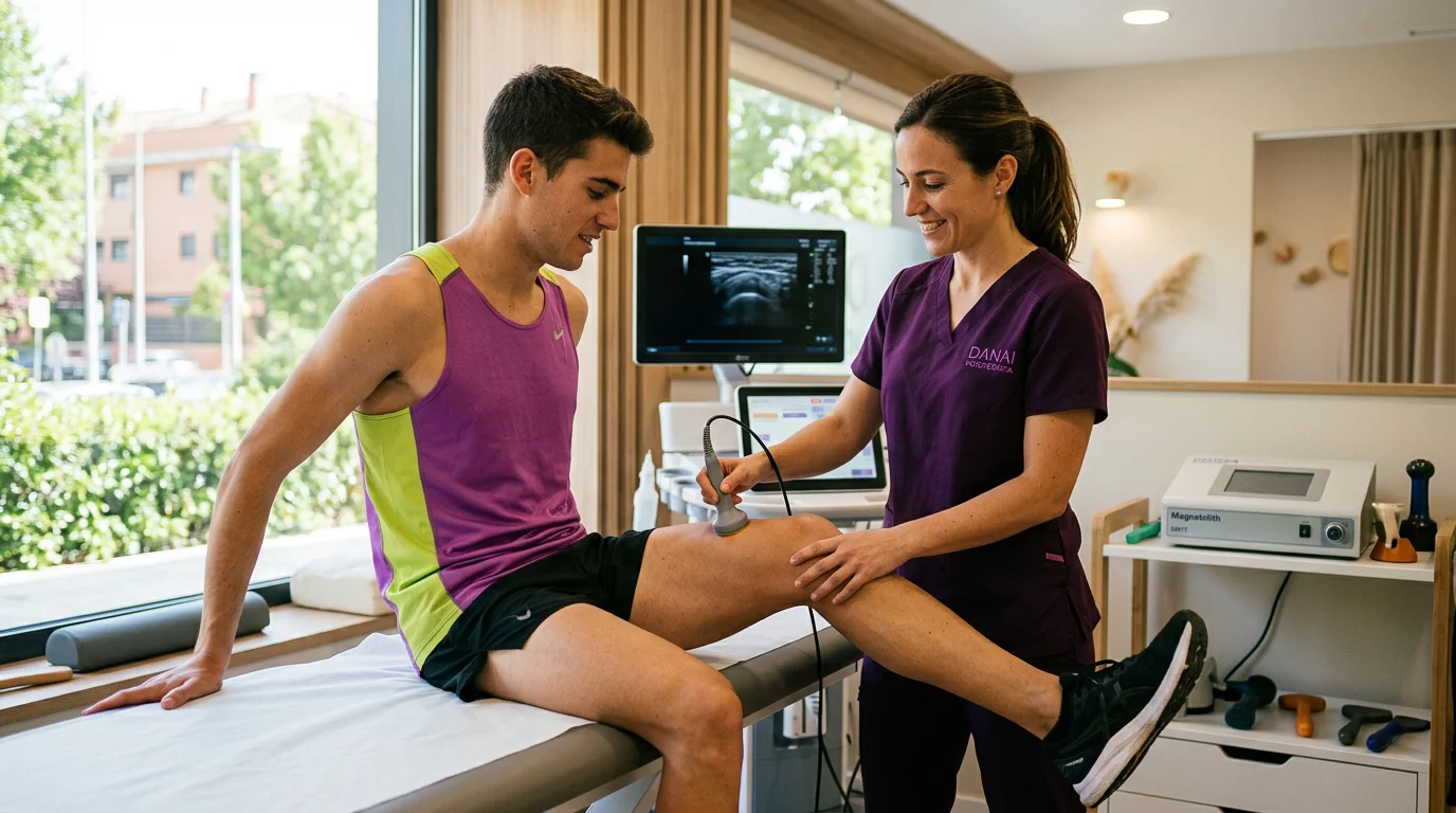 Fisioterapeuta aplicando tratamiento en clínica de fisioterapia deportiva Boadilla