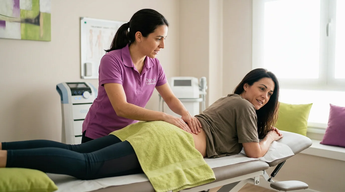 Mujer con dolor lumbar derecho, fisioterapeuta examinando espalda