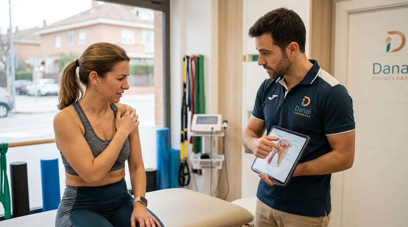 Paciente evitando ejercicios prohibidos con tendinitis de hombro en el gimnasio.