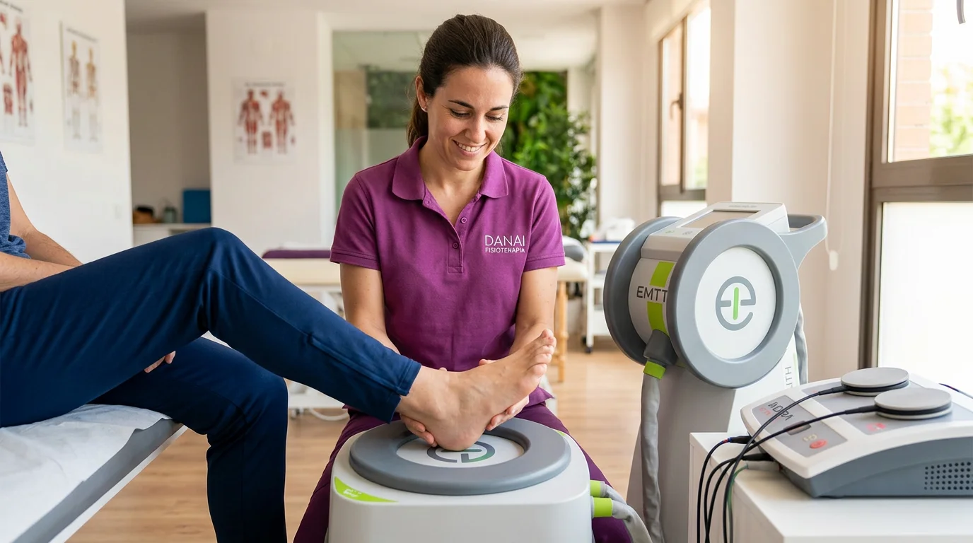 Fisioterapeuta aplicando Magnetolith e Indiba en pie con fascitis plantar rebelde.