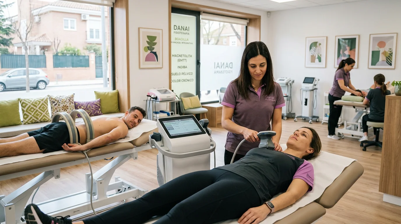 Fisioterapeuta aplicando Magnetolith para el dolor en la clínica de Danai Fisioterapia