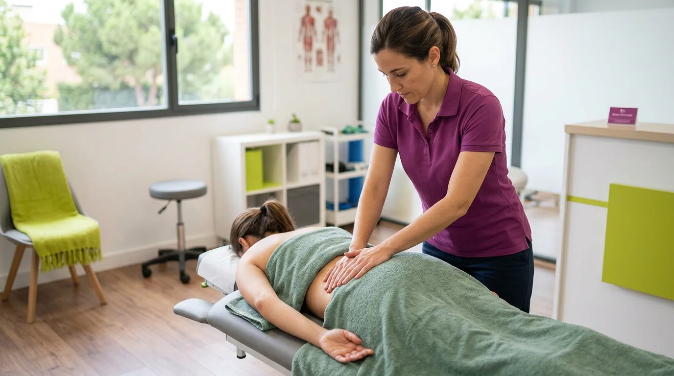 Fisioterapeuta aplicando osteopatía en espalda en clínica de Boadilla del Monte